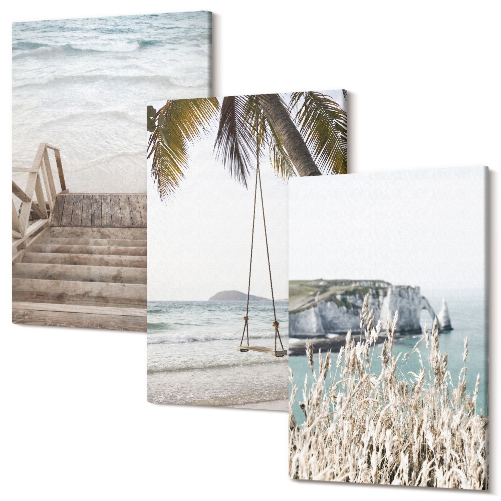 Sada obrazů na zeď triptych Pláž s dřevěnými schody a přímořskou houpačkou