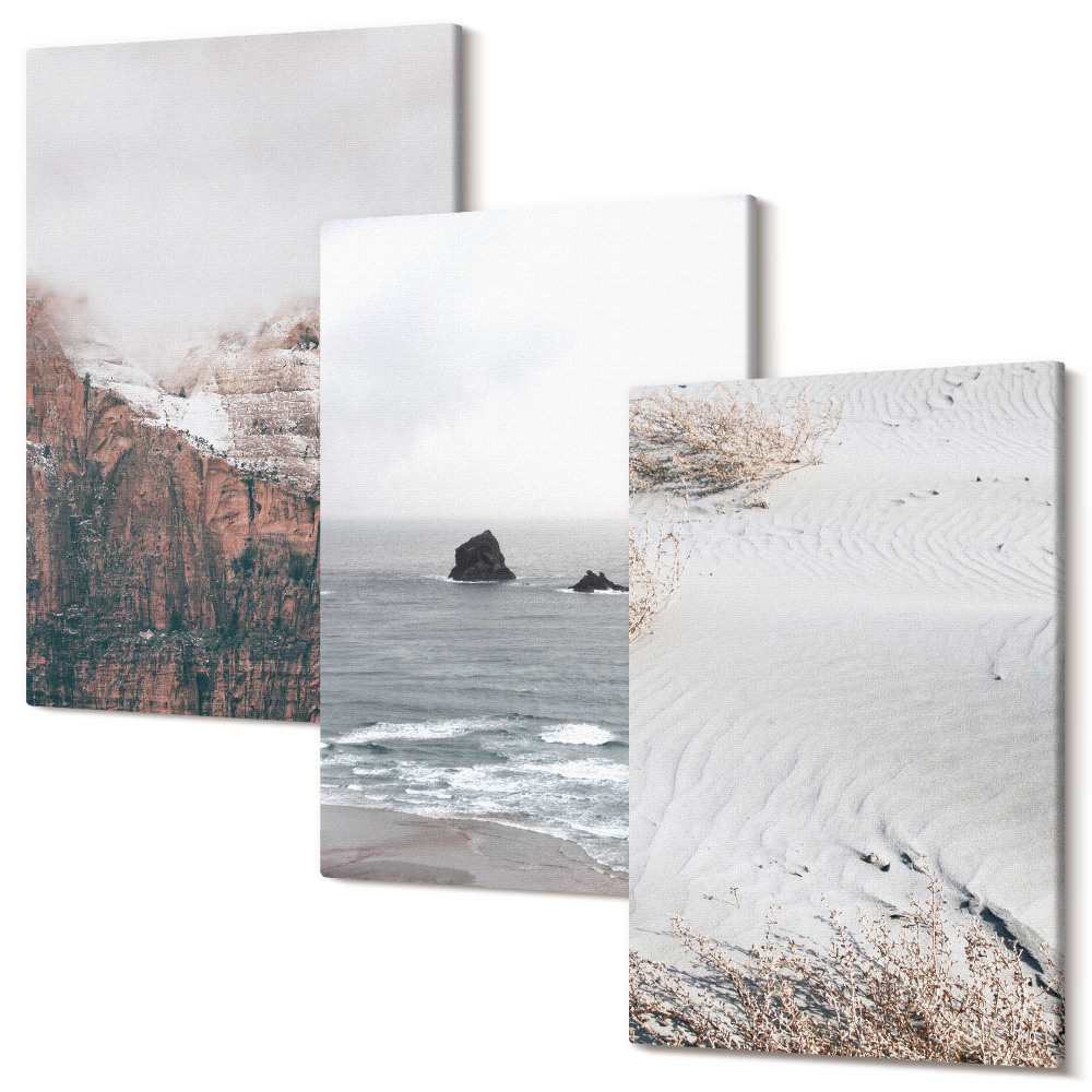 Sada 3 obrazů Hory, mraky, moře a písek v přírodních odstínech