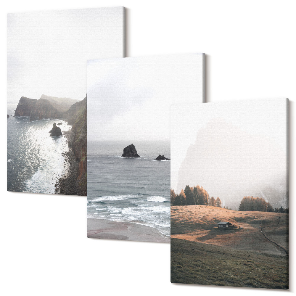 Sada obrazů na zeď triptych Horské a mořské krajiny s mraky a lesy