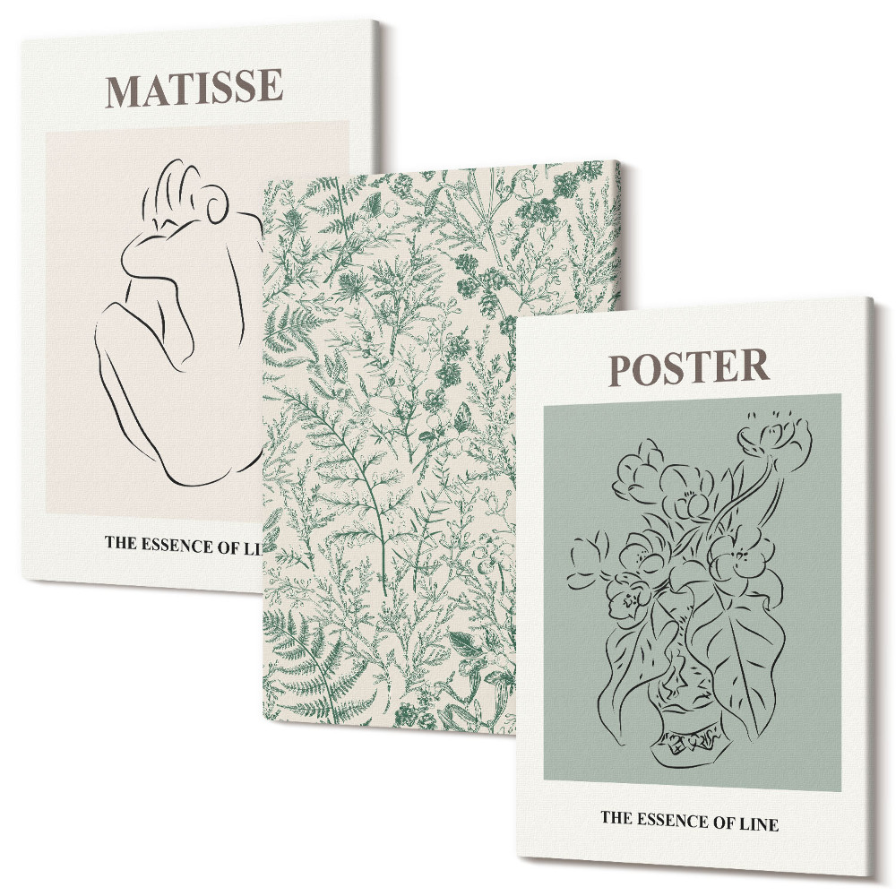 Sada 3 obrazů Linie a rostlinné vzory v minimalistickém stylu