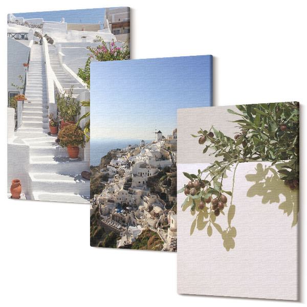 Sada obrazů na zeď triptych Bílé schody na Santorini s výhledem na město