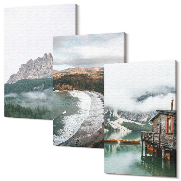 Sada obrazů triptych Horské krajiny s pláží a dřevěným domem