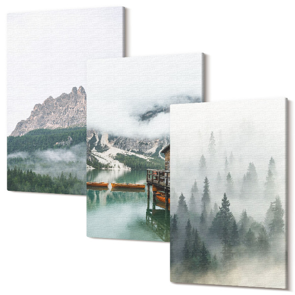 Sada obrazů triptych Hory, jezero, chata a mlha v lese