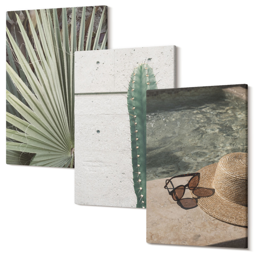Sada obrazů na zeď triptych Tropické rostliny a doplňky pro dovolenou u vody