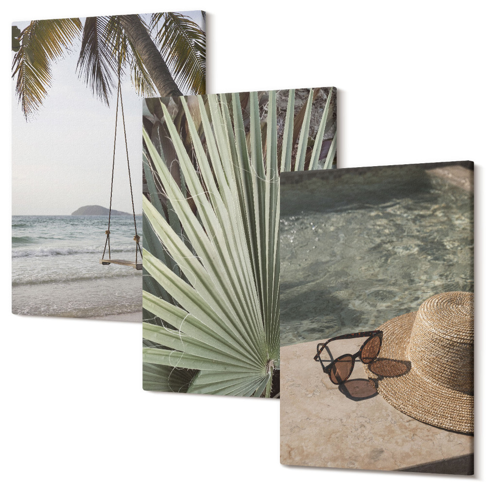 Sada 3 obrazů Palmový list houpačka pláž dovolená