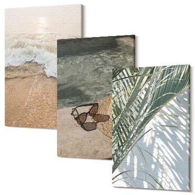Sada obrazů na zeď triptych Vodní plážový klobouk a sluneční brýle listy