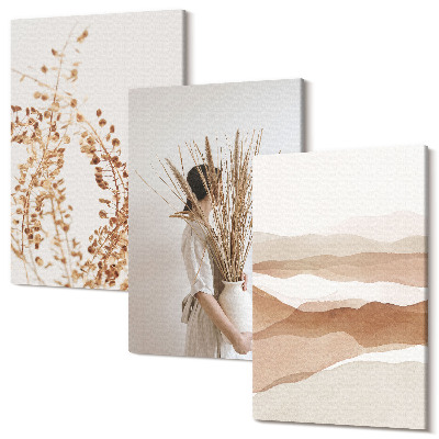 Sada obrazů na zeď triptych Rostlinné motivy abstraktní rustikální boho styl