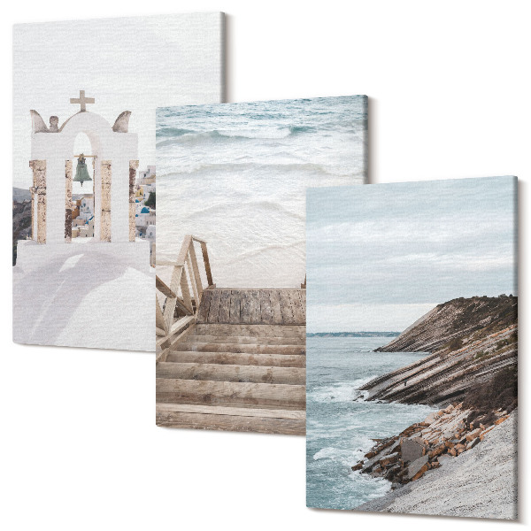 Sada obrazů na zeď triptych Pohledy na moře a architekturu Santorini proti obloze