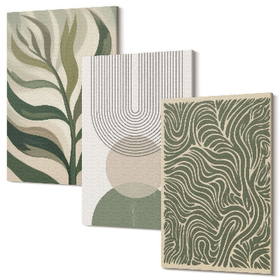 Sada obrazů na zeď triptych Listy a geometrické tvary abstraktní