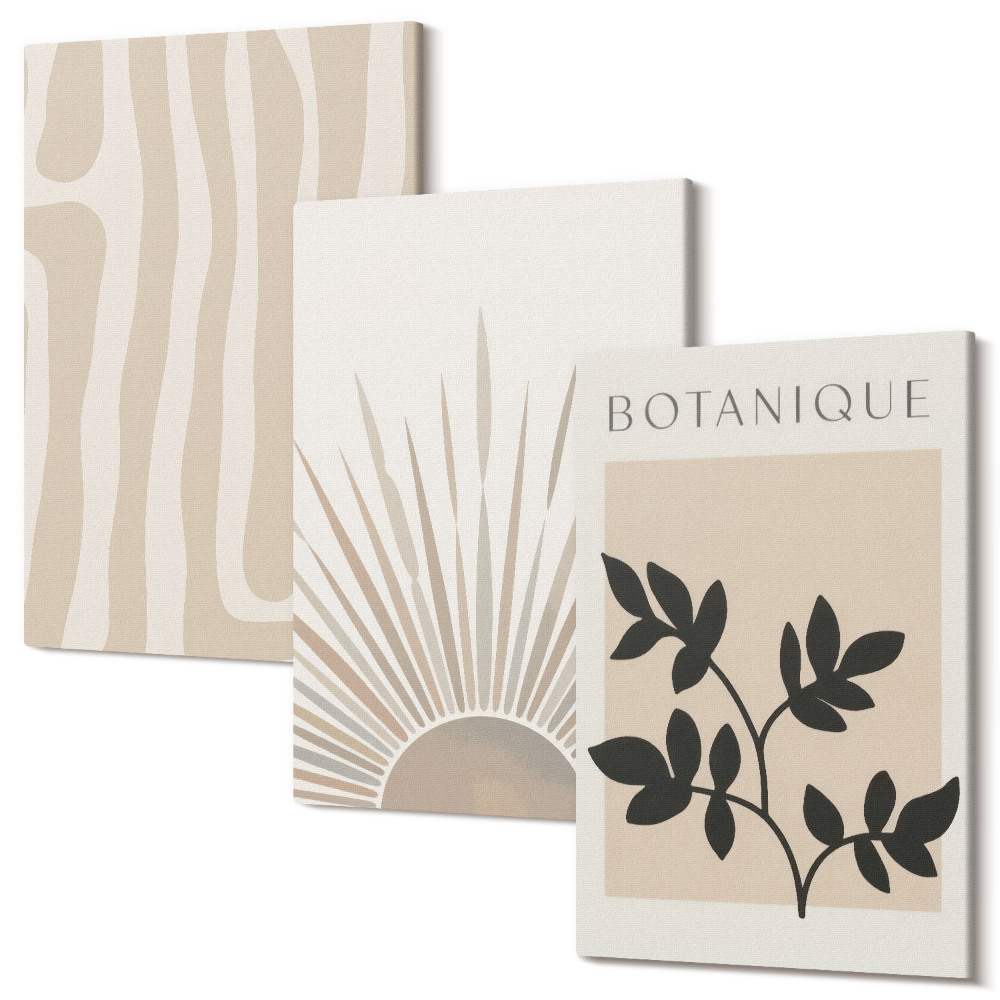 Sada obrazů triptych Abstraktní vzory s květinovými akcenty v neutrálních tónech