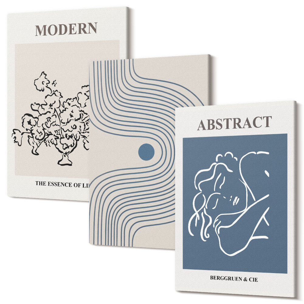 Sada obrazů triptych Květiny linie a abstraktní tvary plakáty