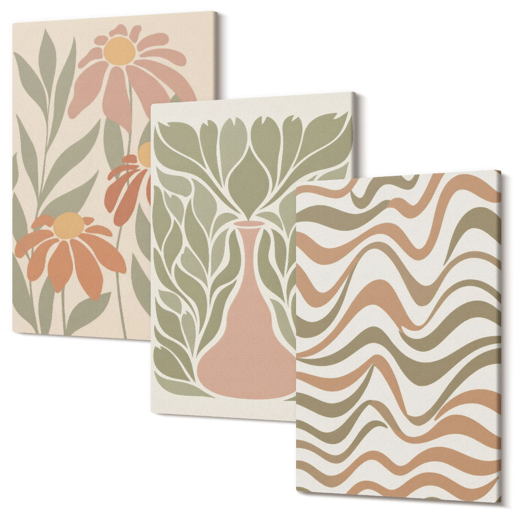 Sada obrazů triptych Pastelové květinové ilustrace vlnité abstrakce