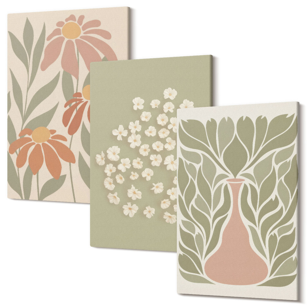 Sada obrazů na zeď triptych Květinové motivy, minimalistické vzory, boho styl