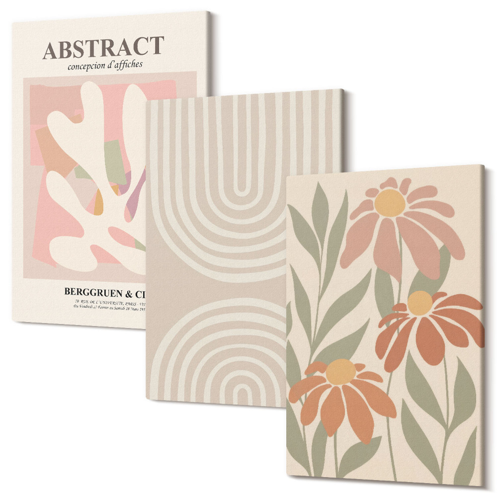 Sada obrazů na zeď triptych Abstraktní tvary s rostlinnými motivy v pastelech