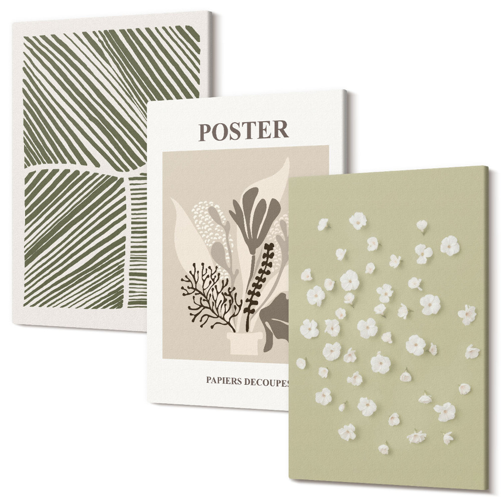 Sada obrazů na zeď triptych Rostlinné motivy v tlumených barvách a vzorech