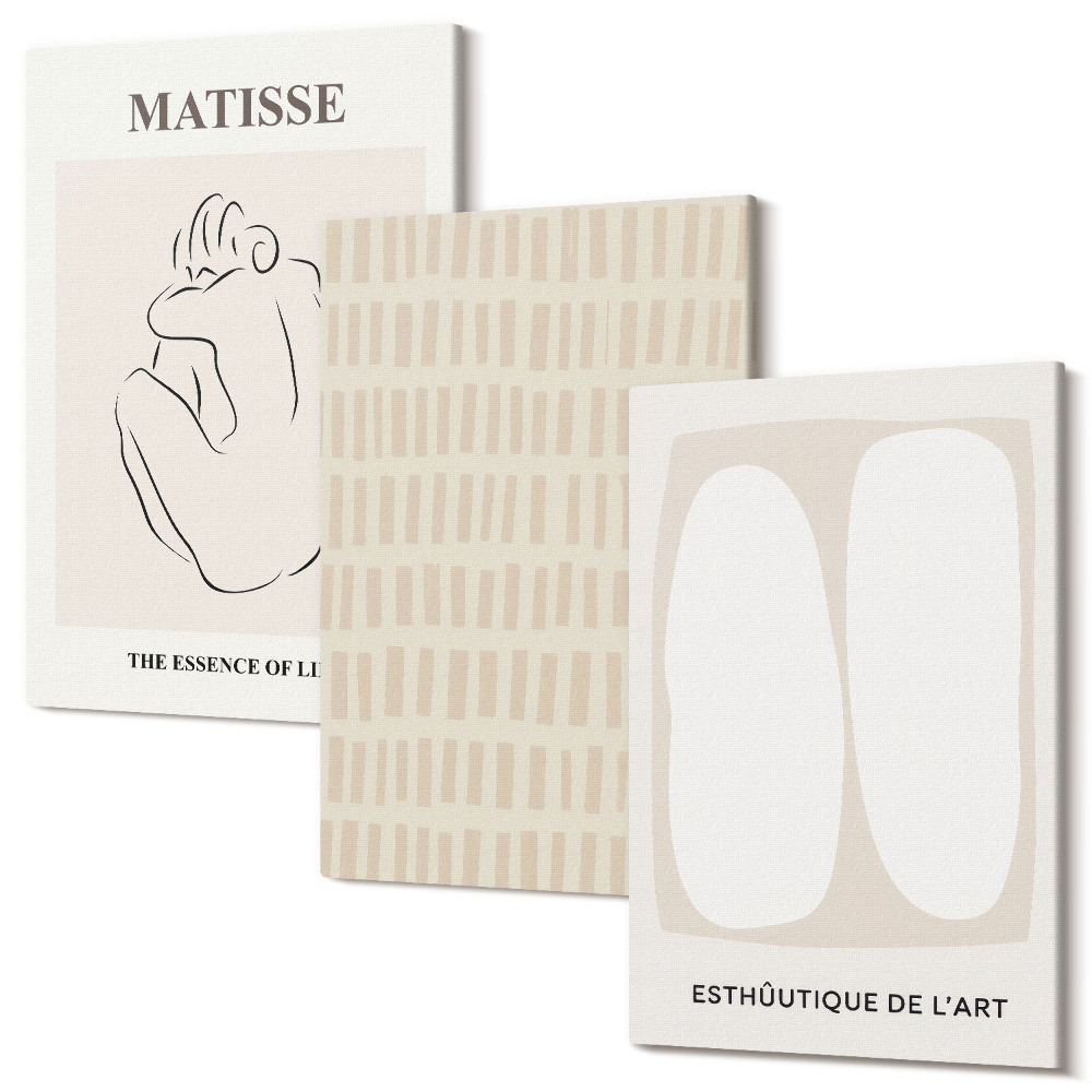 Sada obrazů na zeď triptych Linie a tvary v odstínech béžové a bílé