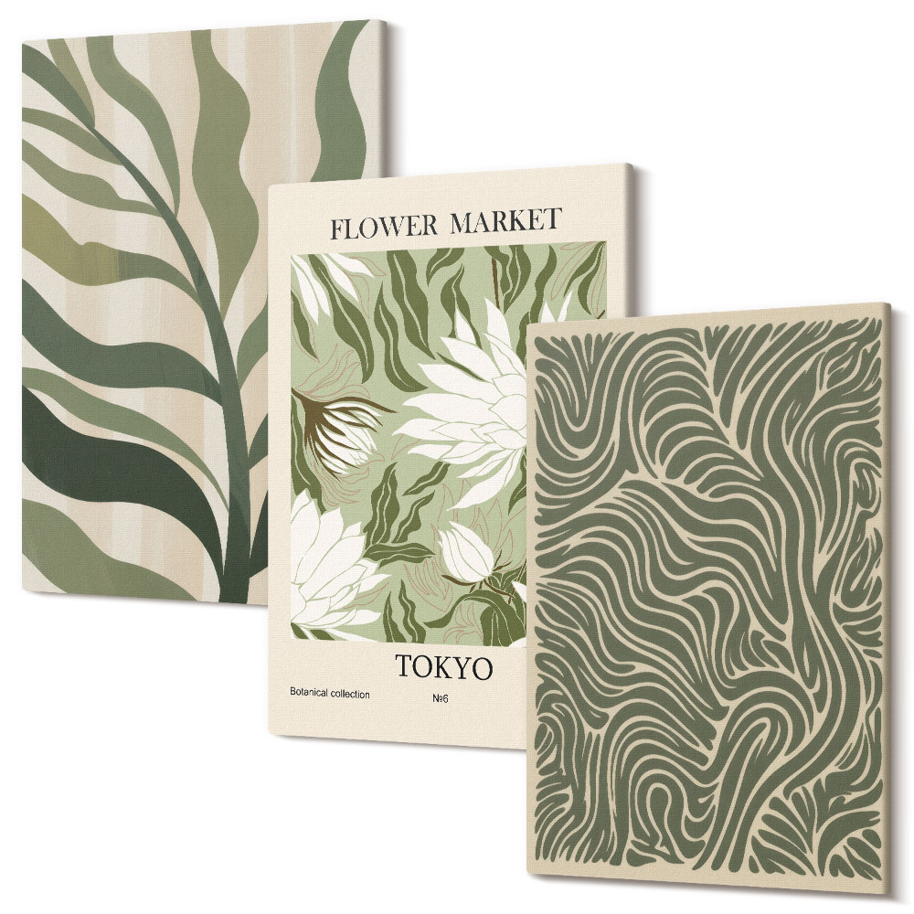 Sada obrazů triptych Rostlinné vzory, botanické dekorace, boho styl