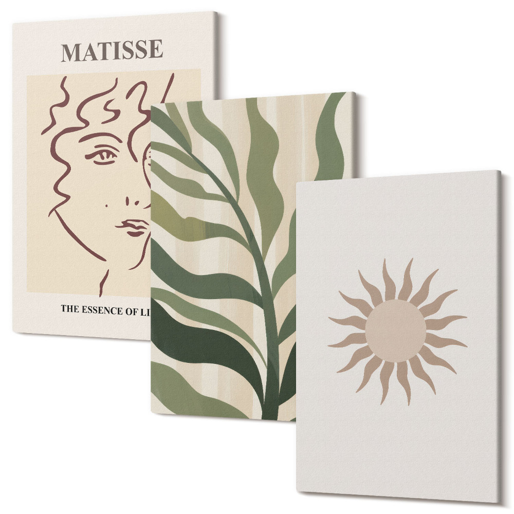 Sada obrazů na zeď triptych Abstraktní rostlinné vzory a linie v tlumených barvách