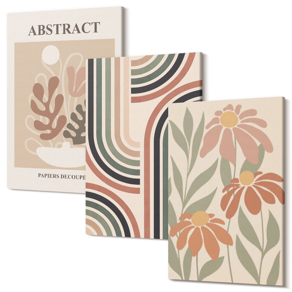 Sada obrazů triptych Abstraktní rostliny a vzory v pastelových barvách