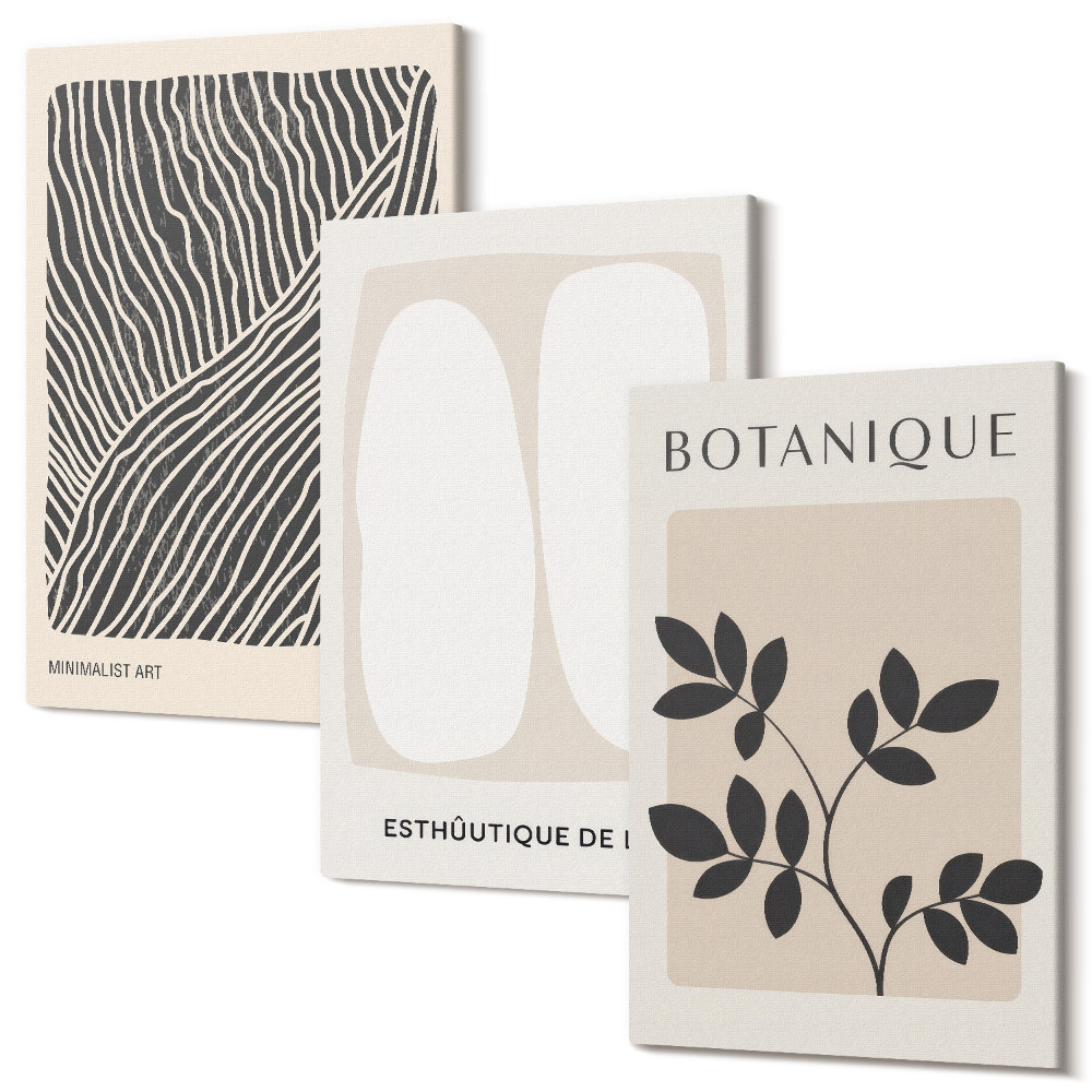 Sada obrazů triptych Květinové vzory a minimalistické linie v neutrálních barvách