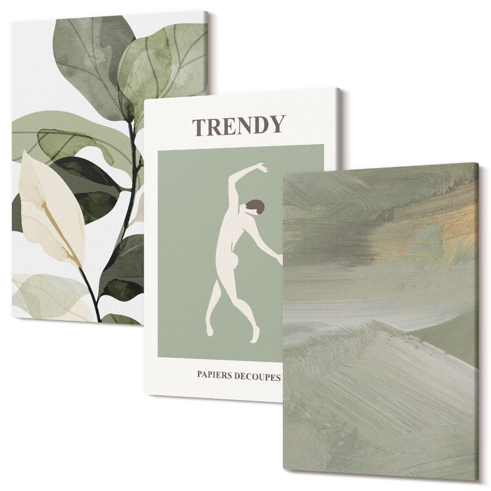 Sada obrazů na zeď triptych Rostlinné vzory se siluetami a abstraktními formami