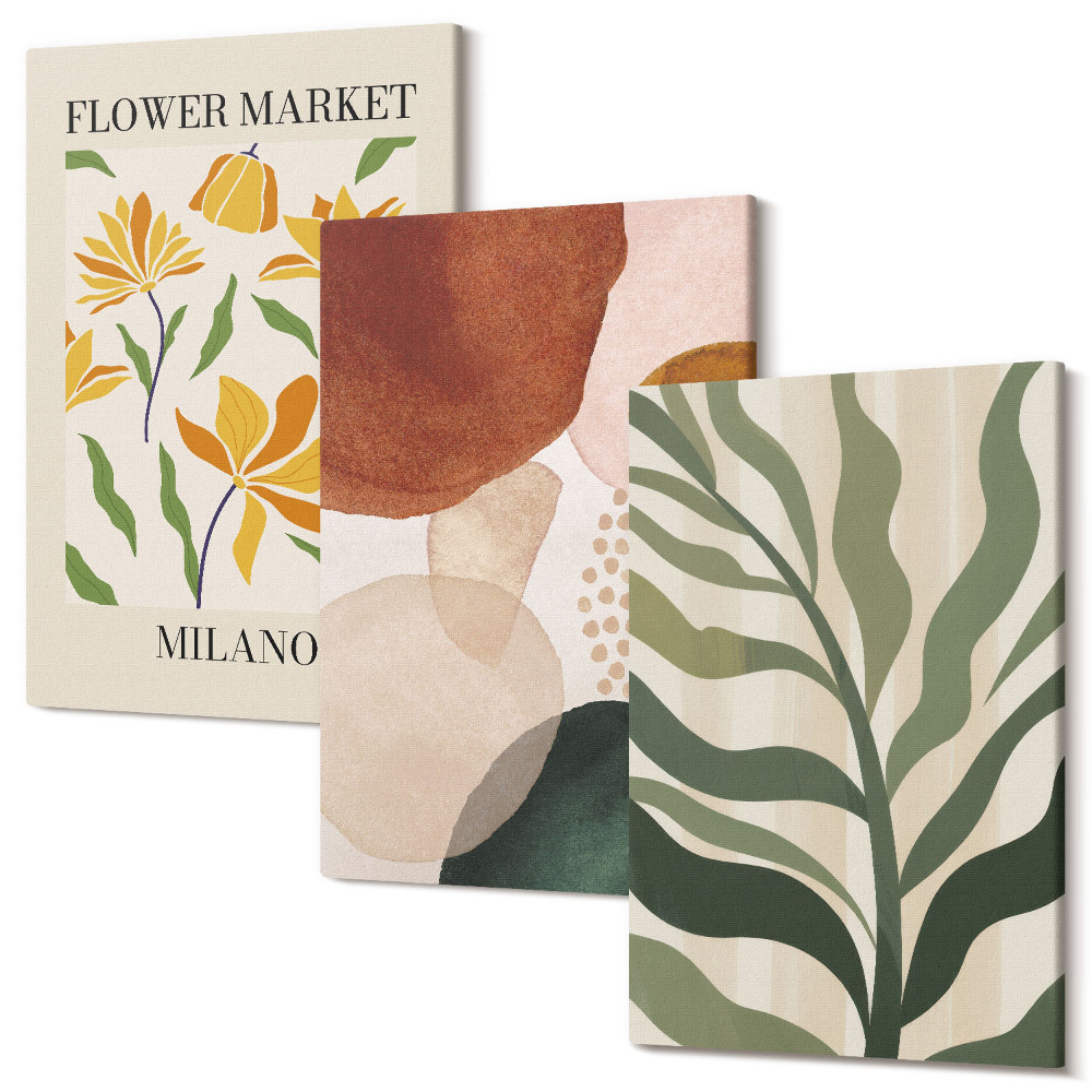 Sada obrazů triptych Květinové motivy s abstraktními tvary a listy