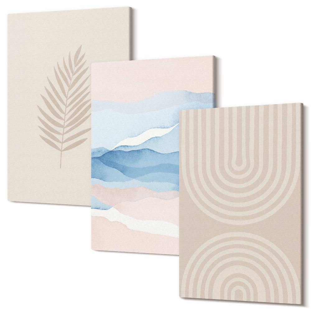 Sada 3 obrazů Listy a vlny v odstínech béžové a modré