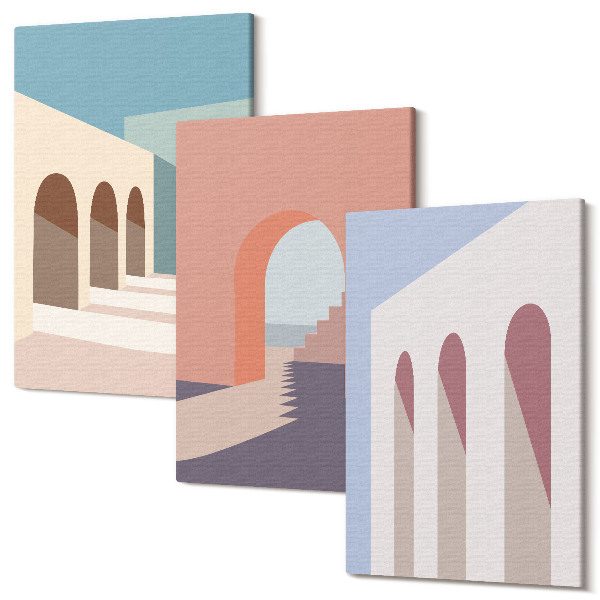 Sada obrazů na zeď triptych Pastelově minimalistická grafika městské architektury