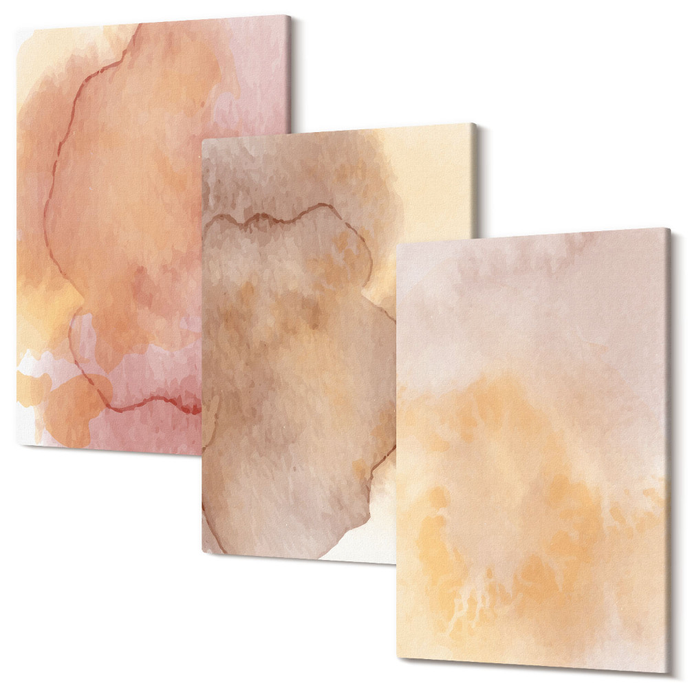 Sada obrazů na zeď triptych Teplé akvarely na plátně, barevné textury