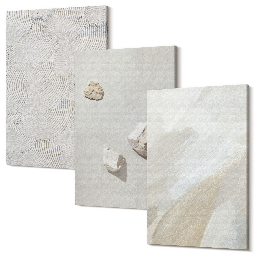 Sada obrazů na zeď triptych Písek, kameny a moderní barvy textur