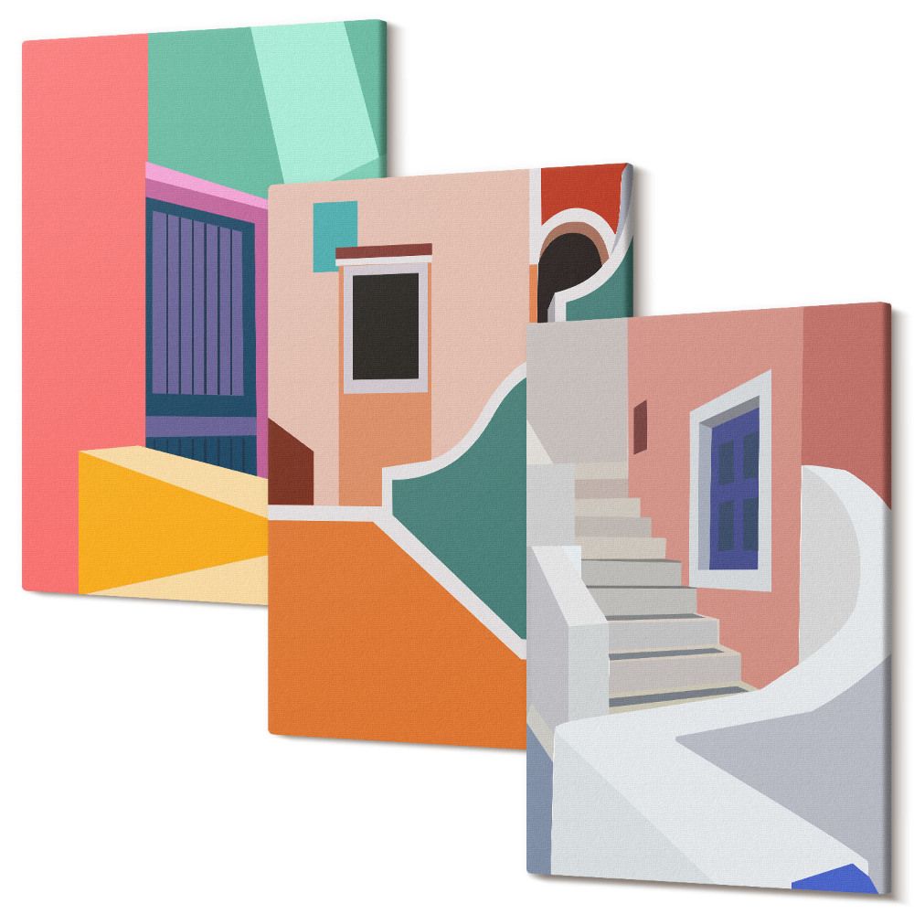 Sada obrazů triptych Barevné ilustrace budov v moderním stylu