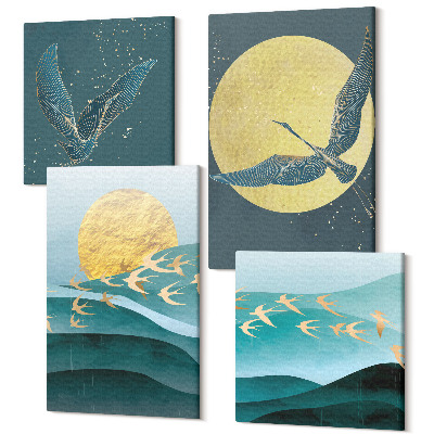 Sada obrazů na zeď kvadryptych Stylové abstraktní krajiny s ptáky