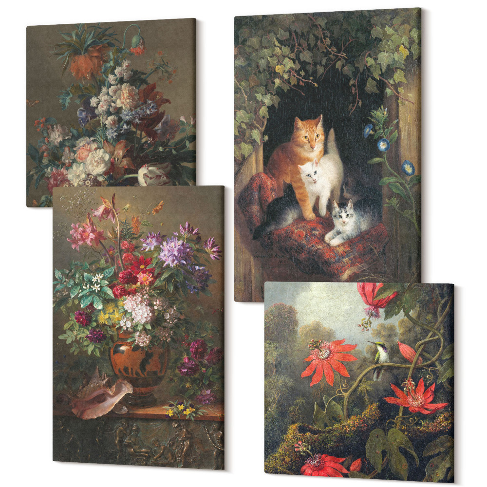 Sada obrazů kvadryptych Vintage květiny, kočky a rostliny v přírodě