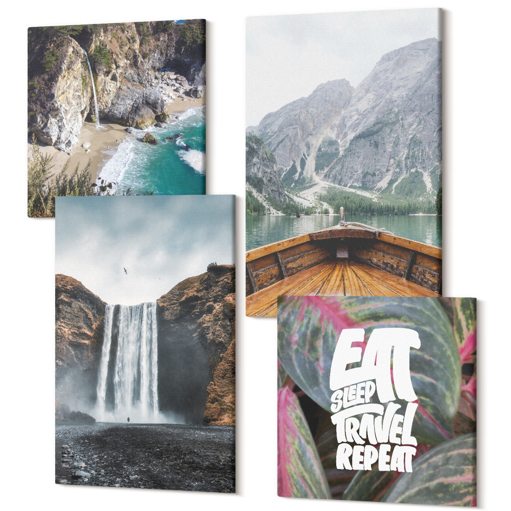 Sada obrazů na zeď kvadryptych Vodopád hory cestování přírodní loď a vegetace