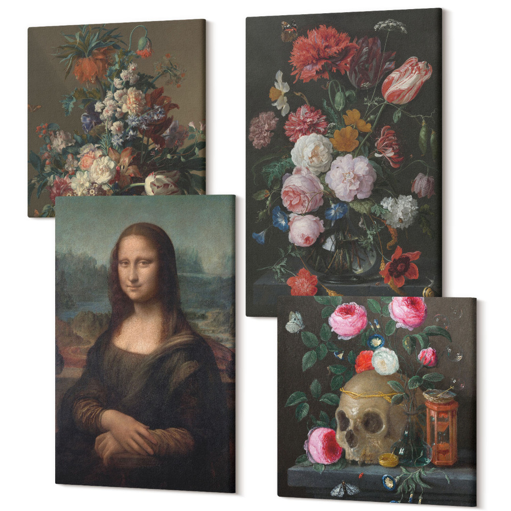 Sada obrazů kvadryptych Vintage Flowers Lebka a portrét Mony Lisy od Leonarda da Vinci