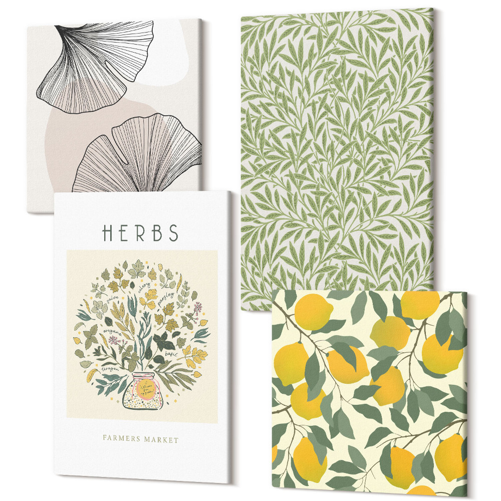 Sada obrazů na zeď kvadryptych Motivy citronu s bylinkami a rostlinnými listy