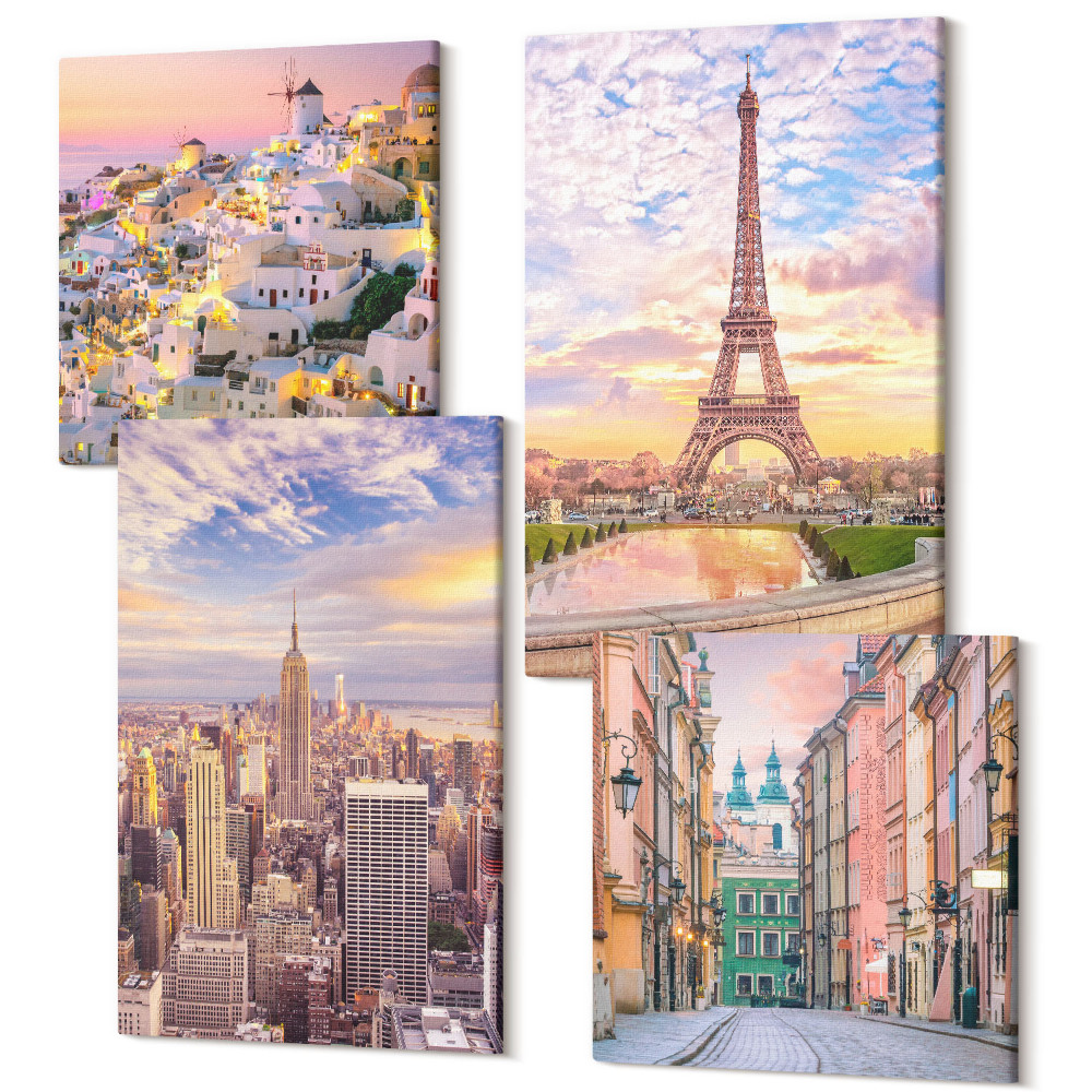 Sada obrazů na zeď kvadryptych New York Paris Oia Varšava při západu slunce