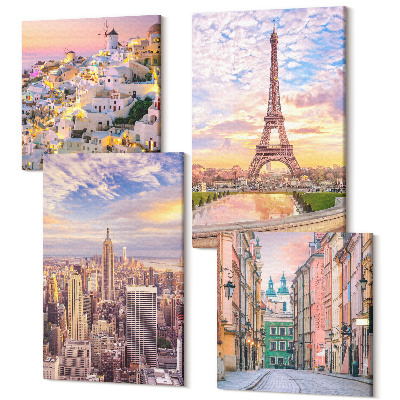 Sada obrazů na zeď kvadryptych New York Paris Oia Varšava při západu slunce