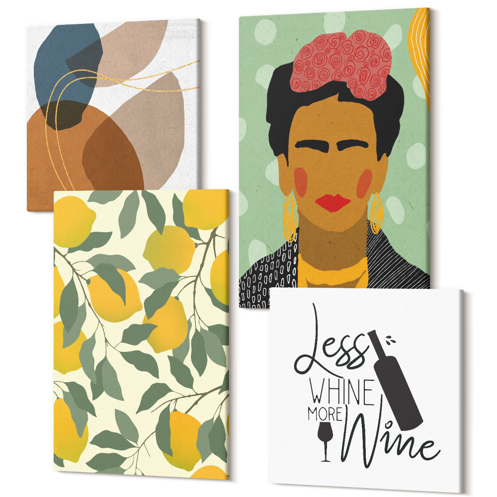 Sada obrazů na zeď kvadryptych Portrét Fridy Kahlo z láhve vína s citrony