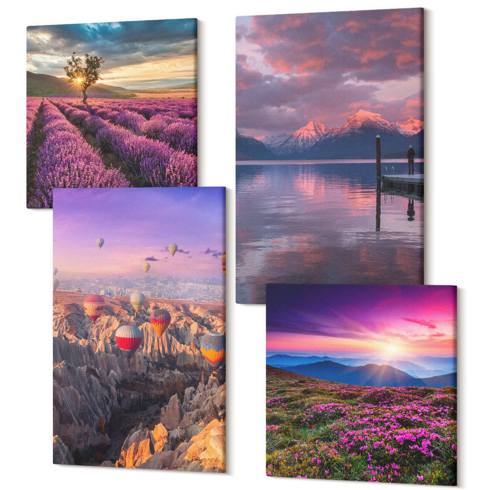 Sada 4 obrazů Krajina s levandulovými poli a západem slunce