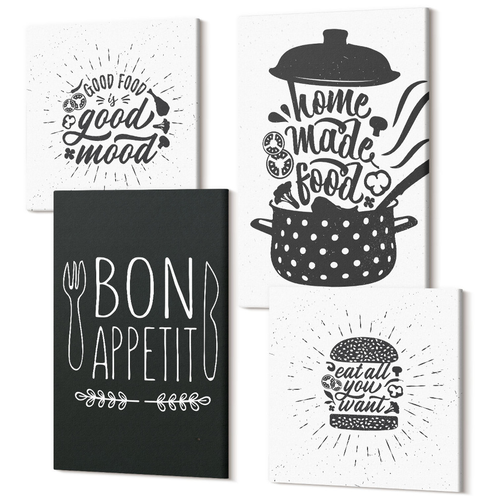 Sada obrazů na zeď kvadryptych Grafika s jídlem a kulinářskými slogany