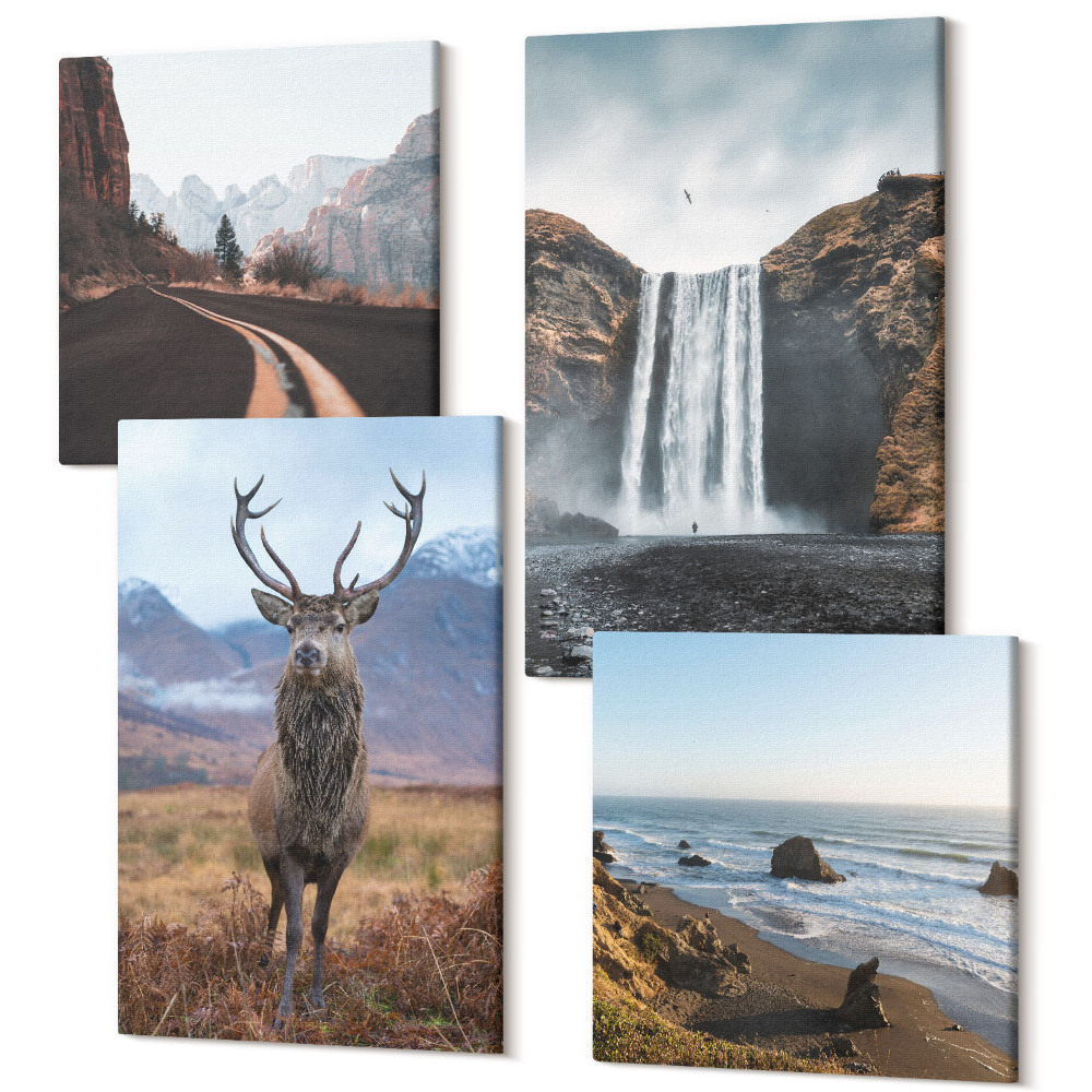 Sada 4 obrazů Horské krajiny s vodopádem, jelenem a pláží