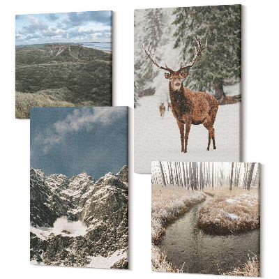 Sada obrazů kvadryptych Hory se sněhem, jeleni v lese, krajiny