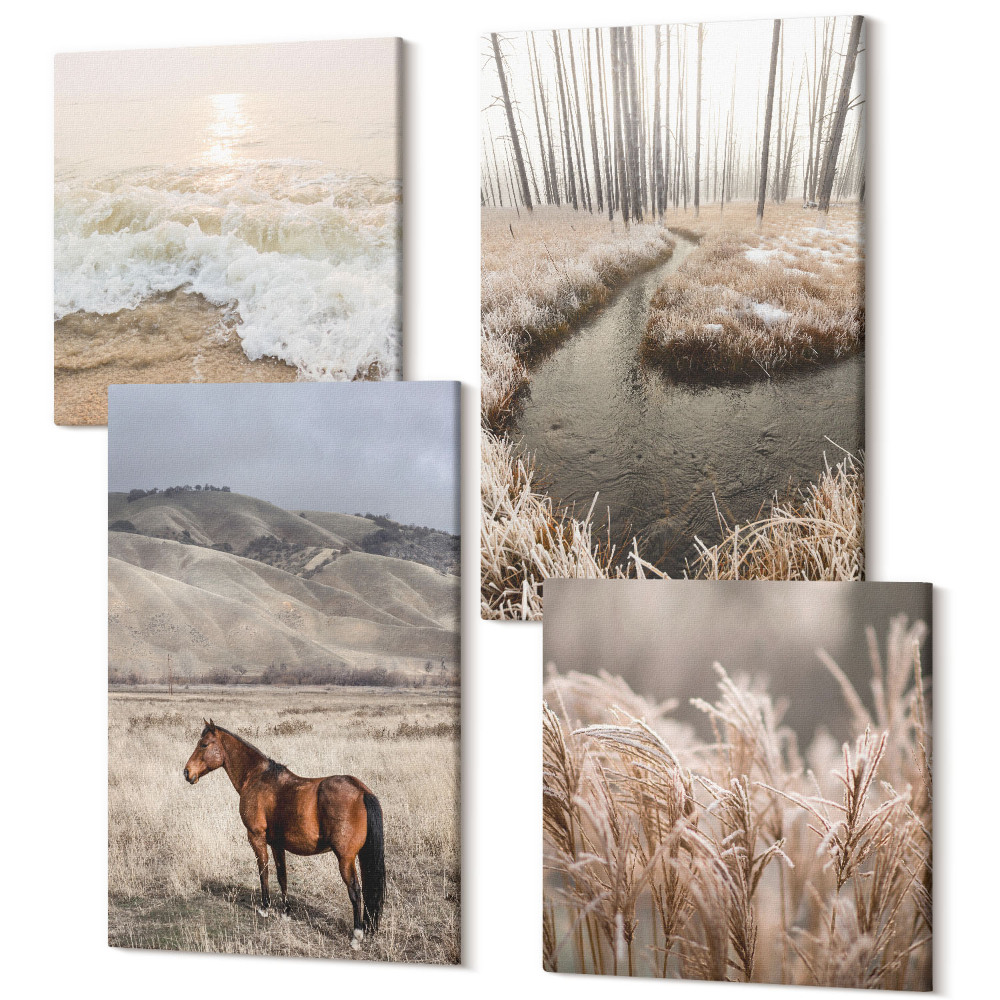 Sada obrazů na zeď kvadryptych Koně krajina mořská tráva les a potok