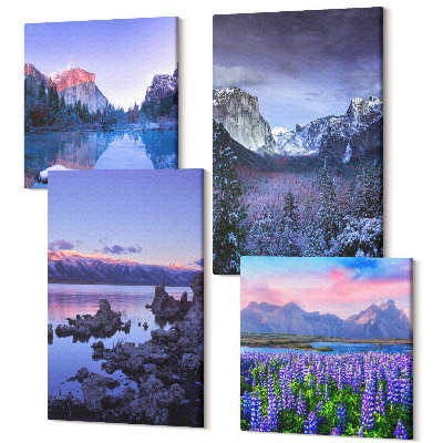 Sada 4 obrazů Horské krajiny s vodou, oblohou a polem květin