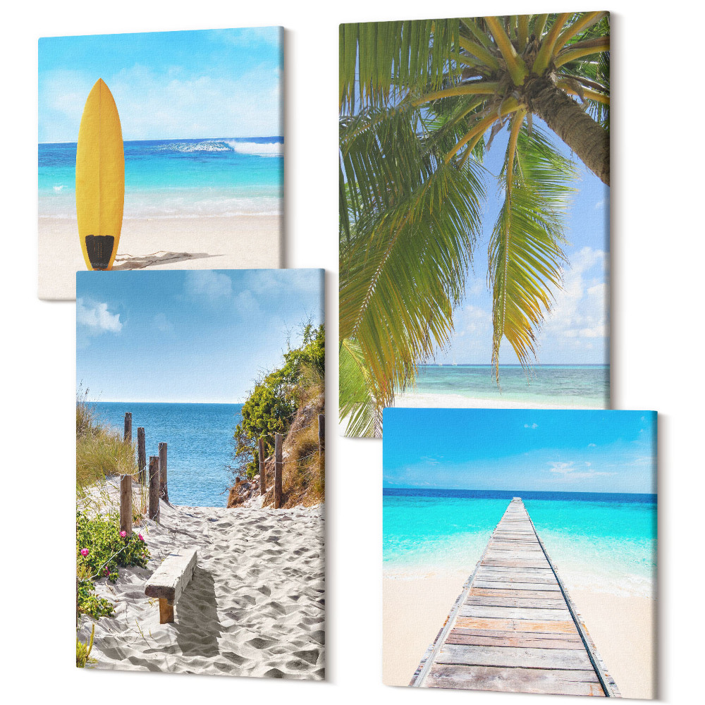 Sada obrazů kvadryptych Prázdninové výhledy na pláž, vlny a palmy v tropech