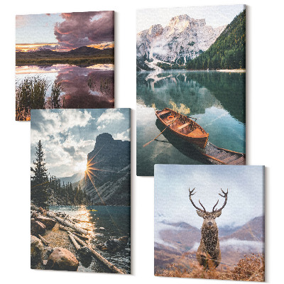 Sada 4 obrazů Horské jezero člun západ slunce jelen v přírodě