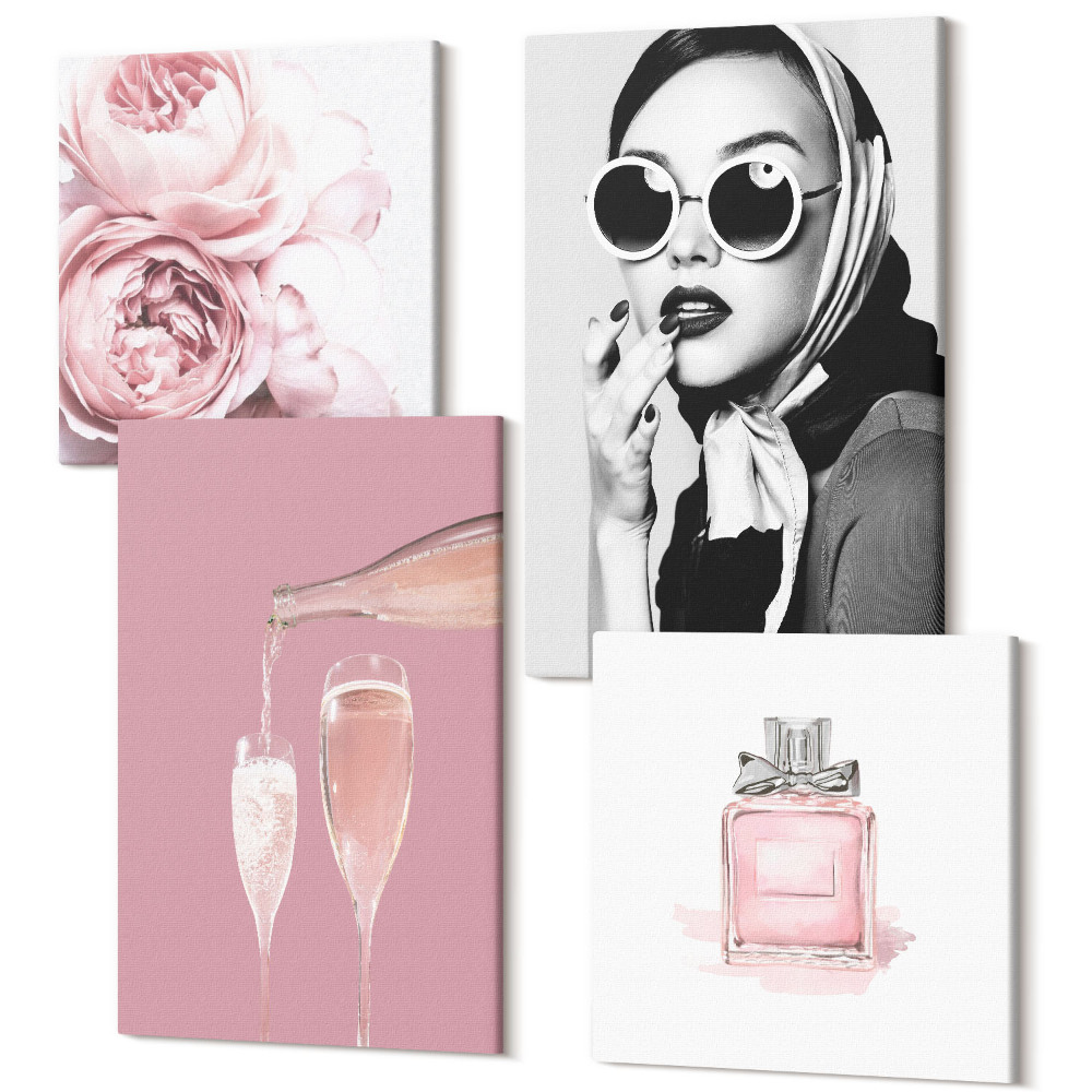 Sada 4 obrazů Stylové dámské doplňky v odstínech růžové