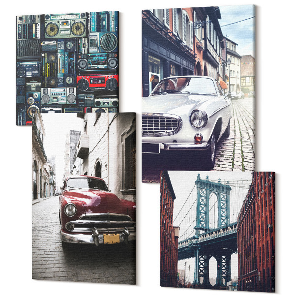Sada obrazů kvadryptych Stará auta na ulici Brooklyn Bridge a retro audio zařízení