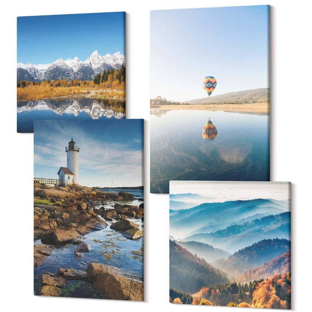 Sada obrazů na zeď kvadryptych Výhledy do přírody s majákem, horami, jezerem a balónem